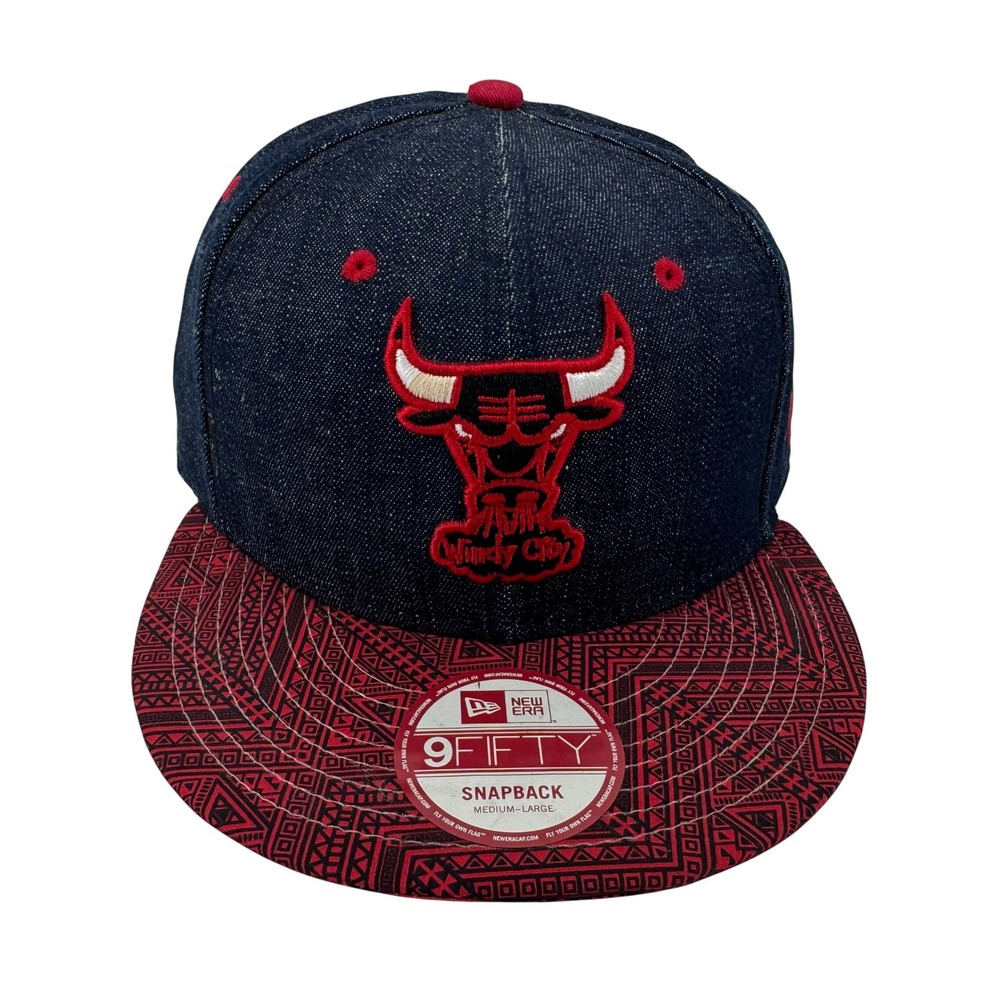 New Era Chicago Bulls Hat Cap Mens M/L Blue Denim Red Geometric 9FIFTY NBA New